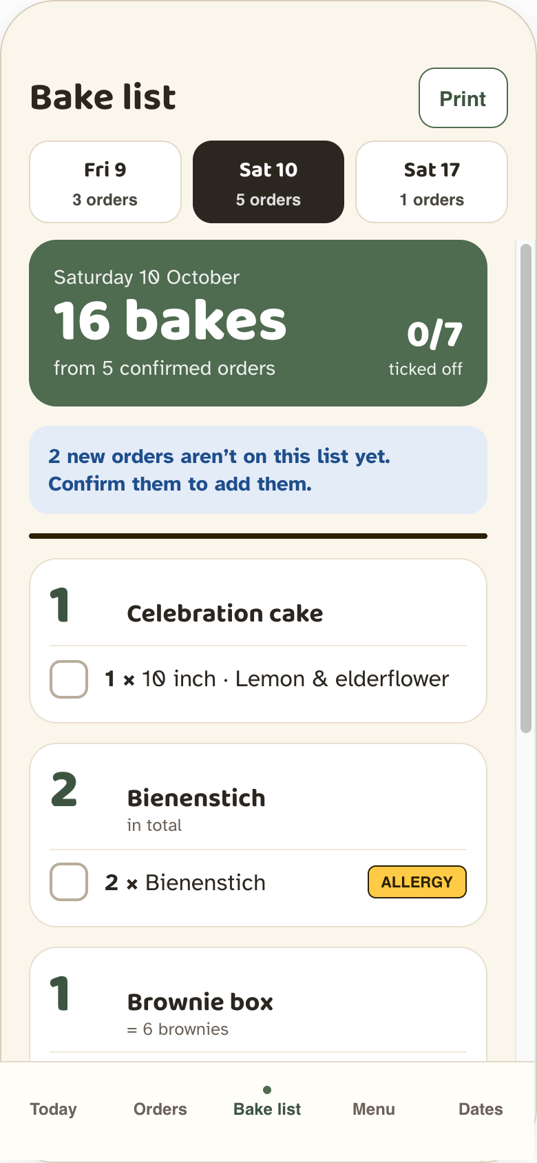 TrayLora mobile bake list with totals